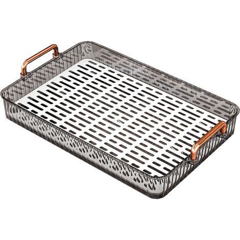 Plateau à thé rectangulaire en plastique avec égouttage intégré et poignées, antidérapant, idéal pour servir le thé lors de réceptions, sur une table basse ou en cuisine. Grand format, gris. (1/5)