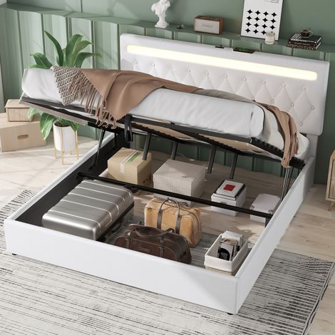 Lit rembourré moderne 180x200 cm en lin blanc et MDF, coffre hydraulique, LED multicolore, USB et USB-C (1/5)