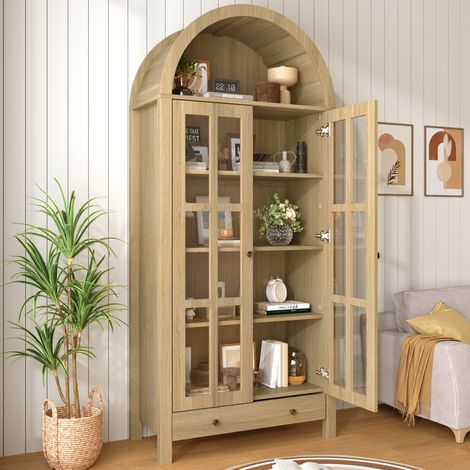 Vitrinenschrank mit Rundbogen, 75 x 35 x 170,5 cm, MDF, Acrylglastüren, Natur HAVRYA