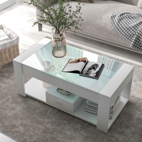 Table basse de salon en verre blanc, 100x50x40cm, avec rangements et placards intégrés, meuble pratique pour séjour (1/5)