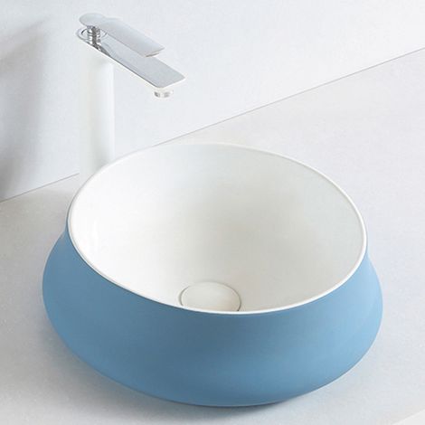 BERNSTEIN - Vasque / Evier design rond en céramique sanitaire à poser sur meuble salle de bain et toilettes - 45,5x45,5x15 cm - KW6188 - Couleur et Bonde au choix Bleu/Blanc, Avec couvercle chromé