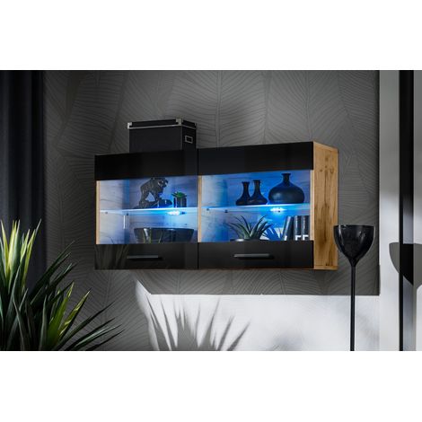 Komodee, Vitrine Armoire Savona, Wotan/Noir, Largeur 100 cm x Hauteur 50 cm x Profondeur 30 cm, sans LED, 2 étagères, pour Salon, Chambre, Entrée, Cuisine (1/4)