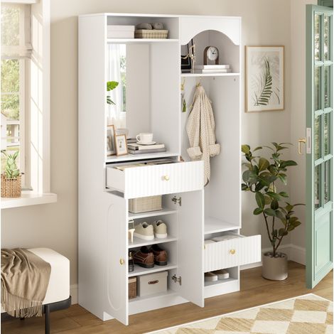 REDOM - Perchero de entrada 100x35x180 cm - espejo de cuerpo entero - almacenaje múltiple - estantes ajustables - MDF blanco (1/5)
