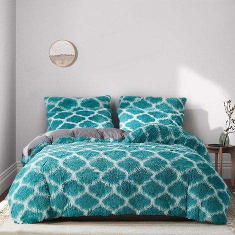 Winter Bettwäsche Set 200x220cm Türkis Grün Plüsch Flauschig mit 2 Kissenbezügen