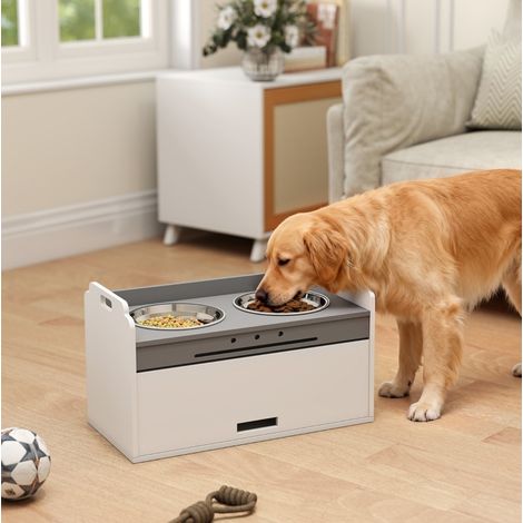 Gamelle surélevée pour chien 60x30x35,5 cm en MDF blanc, avec rangement, salon FLORAGRACE (1/5)