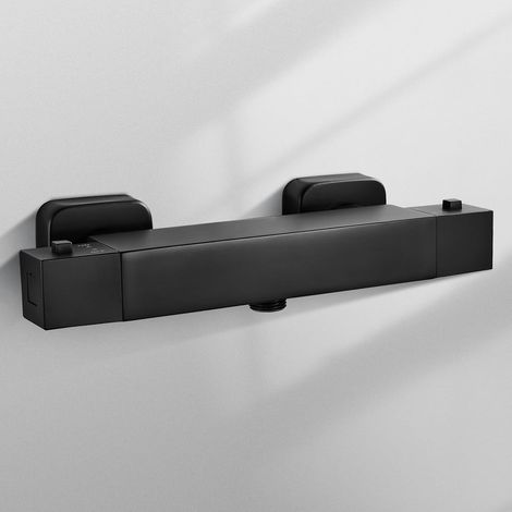 Schwarzer thermostatischer Duschmischer, thermostatische Duscharmatur mit Verbrühungsschutz und 38°C-Sicherheitsknopf aus Messing, quadratischer Duschmischer für Badezimmer G1/2" BSP (21 mm) (1/5)
