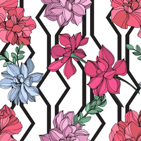 Tissu d'extérieur décoratif Oxford - motif fleurs roses sur rayures géométriques I DR193 (1/5)