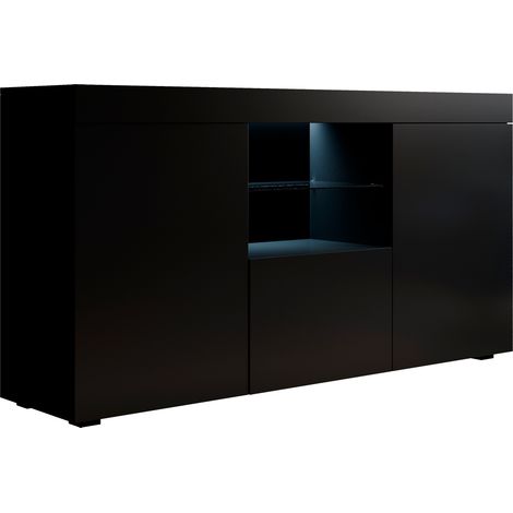 Sideboard mit LED Küchenschrank Kommode Wohnzimmerschrank 3 Türen Aufbewarungsschrank Buffet Esszimmer 150x80x40cm Modell Natolia Schwarz Matt (1/5)