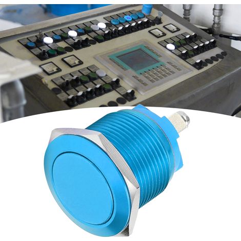 Interrupteur à bouton-poussoir en métal à tête plate de 19 mm, entièrement anodisé, à réarmement automatique, de type vis de réglage, bleu. (1/5)
