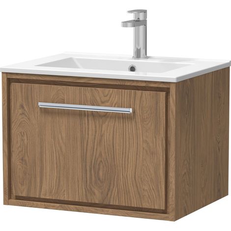 Longnor 1 Drawer Wall Hung Vanity Unit with 1 Tap Hole Minimalist Basin, Antique Oak, 600mm