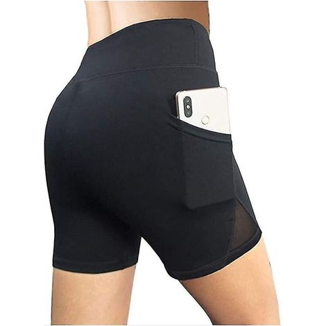 Sportliche Damen-Shorts mit hohem Bund, elastischem Bund und Handytasche, einfarbig, ideal für Yoga und Laufen – Größe L – Schwarz (1/5)