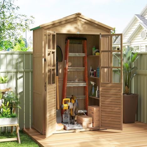Caseta de jardín de madera con espacio de almacenamiento, ventanas acrílicas, puerta con cerradura, placa base, techo de asfalto, panel de ventilación.