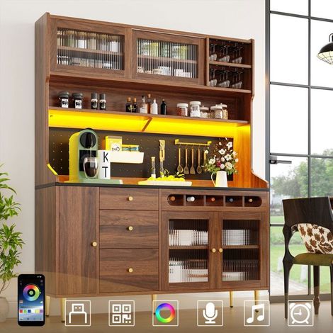 Vitrine salle à manger 150x40x170, tablettes ajustables Buffet salon, finition noyer, éclairage LED (1/5)