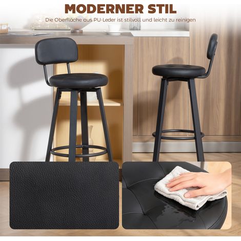 Ensemble de 2 tabourets de bar en similicuir noir, assise capitonnée, repose-pieds, dossier, piètement métallique. (1/4)