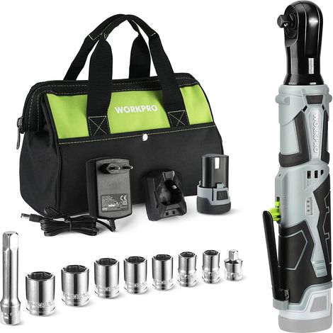 Workpro – Clé à cliquet sans fil 12V – Couple 55Nm – Charge rapide 1h – 1 batterie 2.0Ah – LED intégrée – 9 douilles et sac de rangement