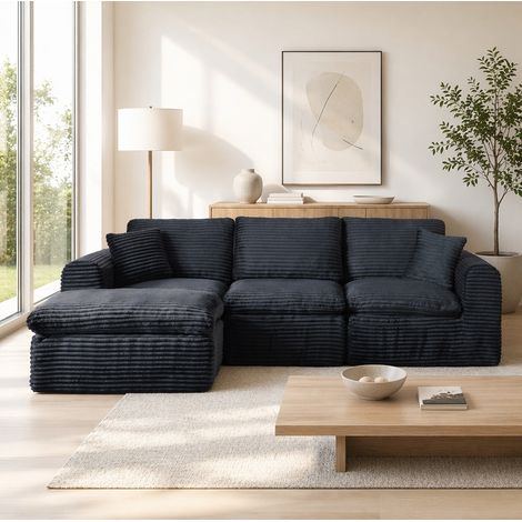 Divano modulare 280x180x65 cm in velluto a coste nero e blu salvaspazio FloraGrace (1/5)