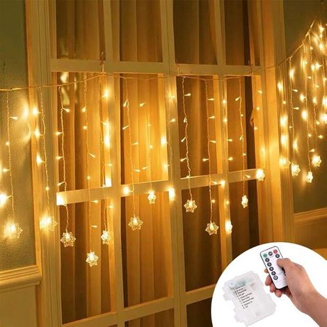 Rideau Lumière, Guirlande LED 3.5 0.65m, Alimenté par Piles, Guirlandes Lumineuses 8 Modes Dimmable avec Télécommande pour Mariage, Chambre, Fenêtre, Jardin, Terrasse, etc.(Blanc Chaud) (1/5)