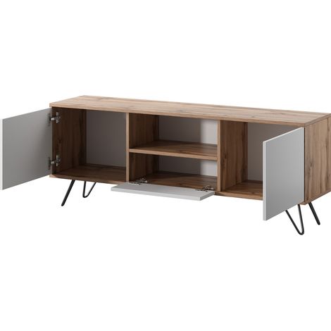 Mobile Porta TV Design Minimal Con 2 Ante Battenti Anta A Ribalta E Vano A Giorno Per Salotto Soggiorno E Sala Da Pranzo 137 X 52 X 33 Cm Rovere E Bianco (1/5)