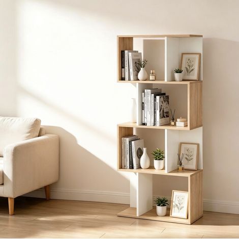 S-förmiges Bücherregal mit 5 Offenen Ablagen, Standregal und Raumteiler für Arbeitszimmer und Büro, Weiß (1/2)