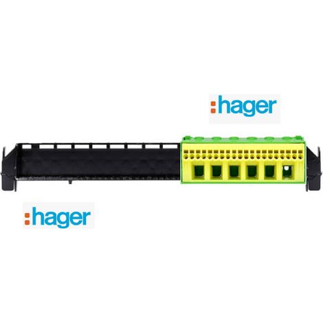 Bornier de terre sans vis 20x4 mm² + 6x25 mm² Hager KN26E + Support Hager VZ711