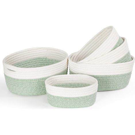 Lot de 5 Panier Rangement en Corde de Coton, Panier Rangement Bébé, Panier Rangement Salle de Bain, Panier de Rangement, Panier Table a Langer Bebe, Corbeille Rangement, Blanc & Vert (1/5)