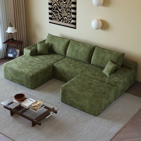 Canapé d'angle en U 270cm,canapé modulaire en velours côtelé,avec chaiselongue,1 repose-pieds,canapé 4 place compression,assise profonde,vert