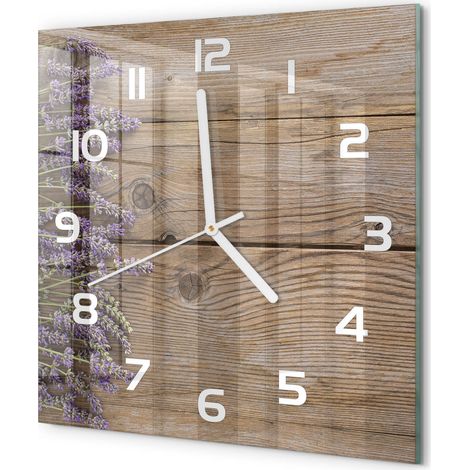 Horloge Murale Carrée Cuisine en Verre Silencieuse Design Moderne Décorative Lavande sur bois 30x30 cm (1/5)
