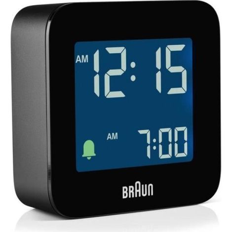 Réveil Radio - LCD Rétroéclairé - Fonction Snooze - Alimentation Piles AAA - Compact 57,5 x 57,5 x 20 mm - Noir - Unité (1/4)