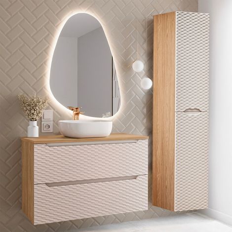 Waschtisch und Hängesäule 90cm Elora mit 2 Schubladen, Beige und Holzoptik (1/5)