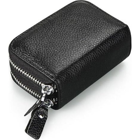 Portefeuille à double fermeture éclair pour femme en cuir véritable avec blocage RFID (noir),