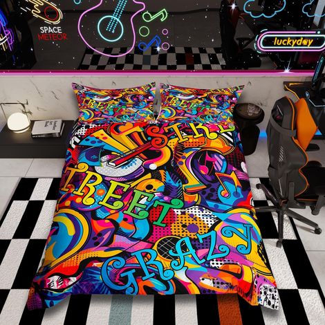 Parure de lit avec housse de couette de 135 x 200 cm, style graffiti, art grunge pour enfant, multicolore, pour garçon (1/5)