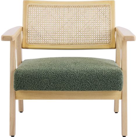 Fauteuil en tissu bouclé vert et cannage naturel - Tim