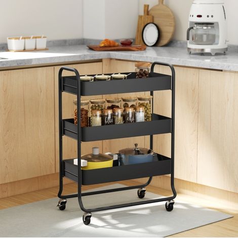 MEUBLIV Carrito de cocina negro de metal con 3 cestas y 4 ruedas, 64,5 x 34 x 87 cm (1/5)