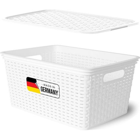 Boîte de rangement avec couvercle, grand panier 14L, blanc en rotin, panier de rangement alimentaire, boîte empilable, plastique emboîtable