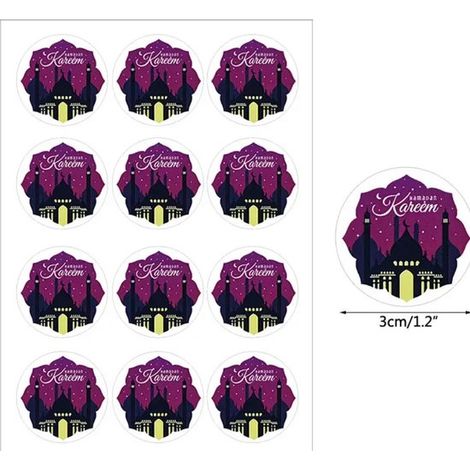 Planche de 24 autocollants Ramadan - Eid Mubarak - Blanc et violet - Diamètre 4 cm - Décoration (1/4)