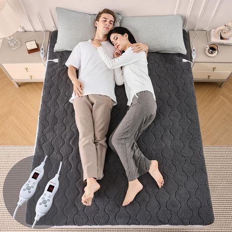 Couverture Chauffante 2 Places - Surmatelas Chauffant 135x190cm Tissu Sherpa Gris 200g/m² Ultra-Doux 45cm Deep Pocket 2 Zones (1/5)
