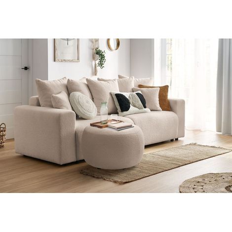 BOBOCHIC - Canapé droit convertible coffre ENVY tissu bouclette doux avec pouf rond Beige (1/5)