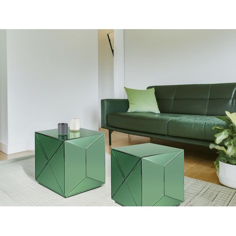 Kleiner Würfel Beistelltisch 2er Set mit Spiegelglas Grün, Höhe 40cm (1/5)