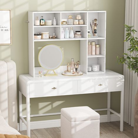Étagère de Bureau Bibliothèque de Table avec 3 Étagères Réglables et Compartiment Ouvert pour Moniteurs jusqu'à 27" Blanc (1/5)