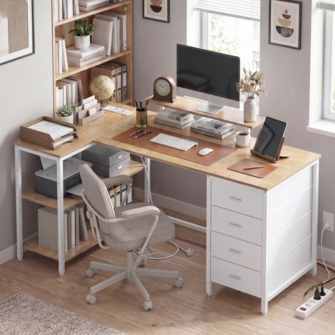 Bureau Informatique d’Angle, Étagères Réglables, 4 Tiroirs, Ports USB, 140 x 80 cm, Couleur Chêne