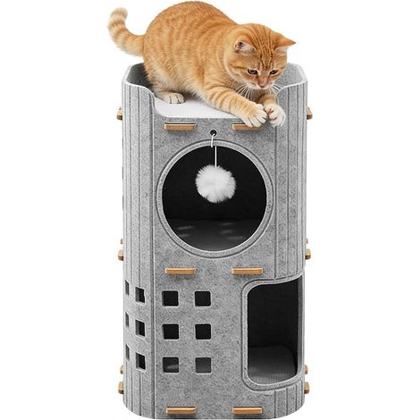 Niche pour chat à 2 étages en feutre, maison d'intérieur avec balle de jeu, 60 x 37 x 37 cm, lit poreux pliable pour dormir, jouer, se cacher, résistant à l'hiver, amovible, nid confortable (gris (1/5)
