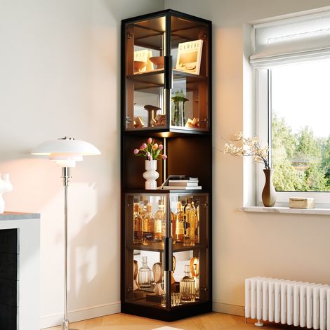 Vitrine LED 42x44x205 cm en bois noir, portes vitrées, pour salon, gain de place – MEUBLIV (1/5)
