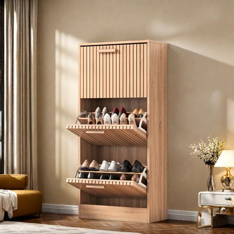 Meuble à chaussures 12 paires 60 x 24 x 113 cm - 3 portes abattantes en rotin - Panneaux de particules - Buffet Entrée - Console Couloir Salon - Marron