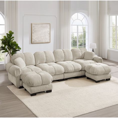 Canapé d’angle U 4 places en chenille, modulable avec 2 ottomans, kaki clair, REDOM (1/5)
