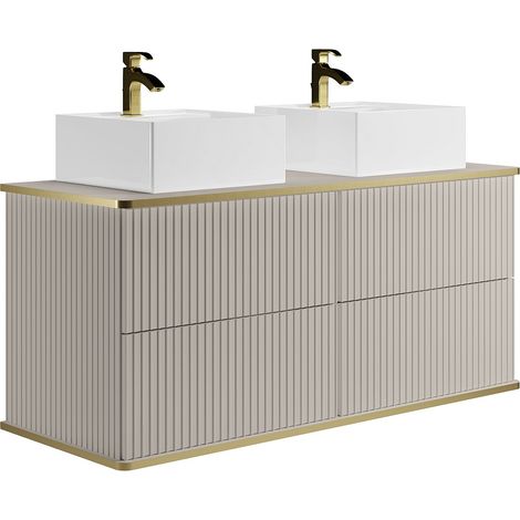 Mobile bagno sospeso con scanalature con profilo dorato con doppio lavabo da appoggio quadrato Beige 120 cm - KELIZA