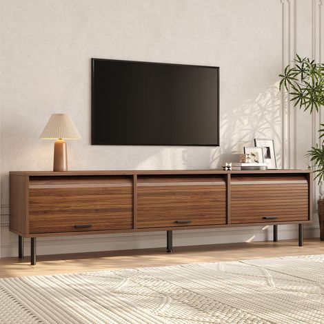 Meuble TV 180x40 cm avec 3 portes coulissantes rainurées, rangements et pieds métal, MDF et panneaux de particules, Effet noyer (1/5)