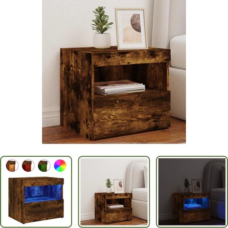 vidaXL Holz Nachttisch - Nachttisch mit LED-Leuchten Räuchereiche 50x40x45 cm (1/5)