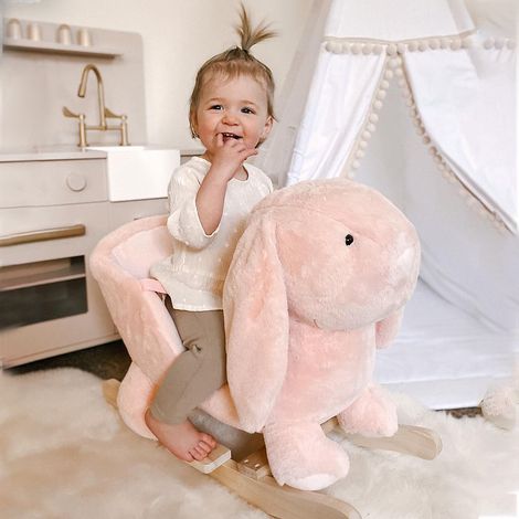 Cheval à bascule en forme de lapin avec des sons - rose - Cheval à bascule pour enfants 18-36 mois Interactif - 60x33x50 cm