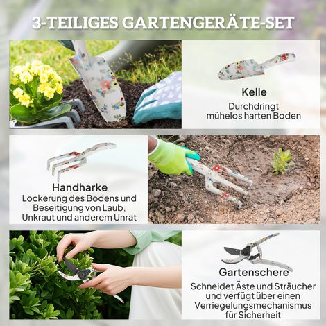 Kit de jardinage 3 pièces, outils métalliques comprenant truelle, râteau manuel et sécateur (1/4)