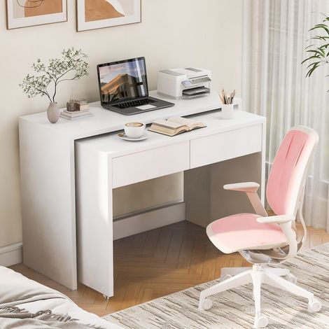 Escritorio 110 x 40 x 78 cm - Escritorio esquinero extensible y mueble de almacenamiento 2 en 1 con ruedas - Blanco (1/5)